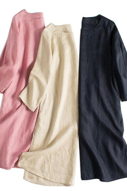 Simple Linen Pure Color 3/4 Sleeve Dress Outfits