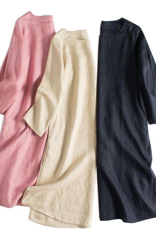 Simple Linen Pure Color 3/4 Sleeve Dress Outfits