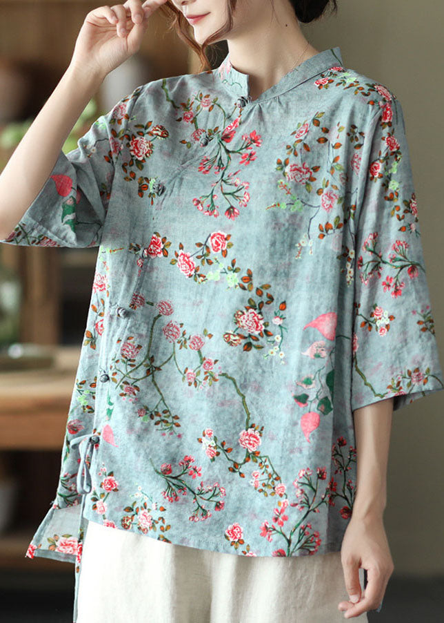 Blue Stand Collar Print Chinese Button Linen Shirt Half Sleeve