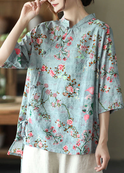 Blue Stand Collar Print Chinese Button Linen Shirt Half Sleeve