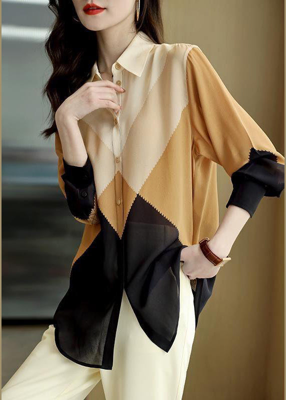 Colorblock Peter Pan Collar Button Chiffon Blouses Spring