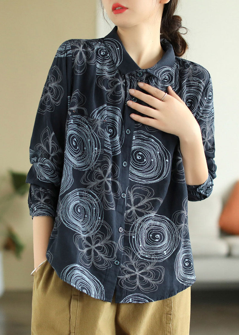 Navy Peter Pan Collar Print Patchwork Cotton Shirt Top Spring