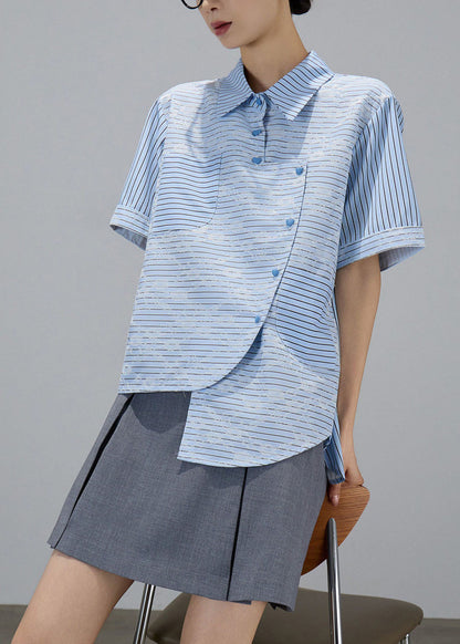 Blue Asymmetrical Design Striped Cotton Blouses Summer