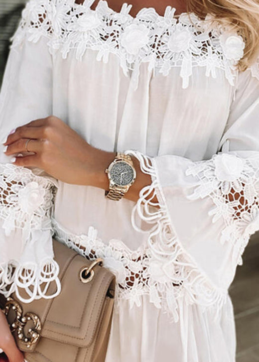 New European and American White Slash Neck Lace Patchwork Dress Summer