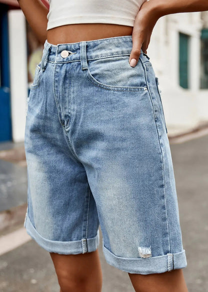 New Light Blue Hole Pockets High Waist Denim Shorts Summer
