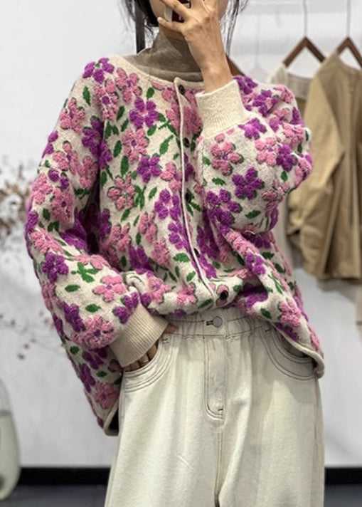 Light Purple O Neck Button Cotton Knit Coat Long Sleeve