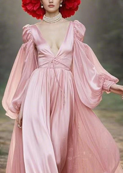 New Pink V Neck Lace Up Maxi Dress Lantern Sleeve