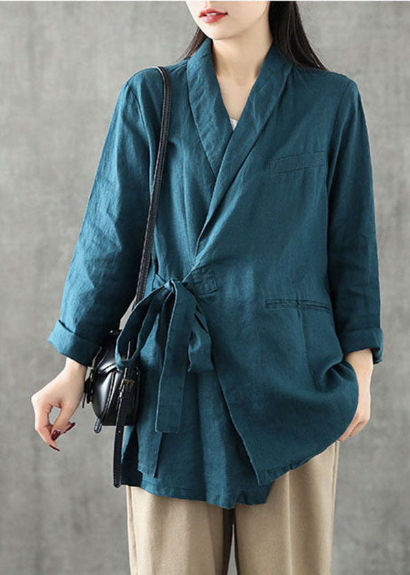 Black Asymmetrical Design Pockets Linen Coats Long Sleeve