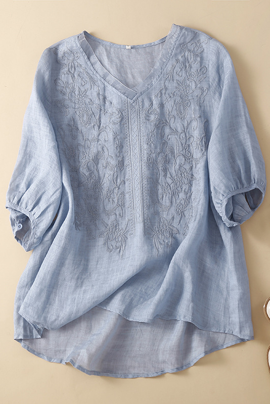 Summer Short Sleeve Shirt Embroidered Linen Tops