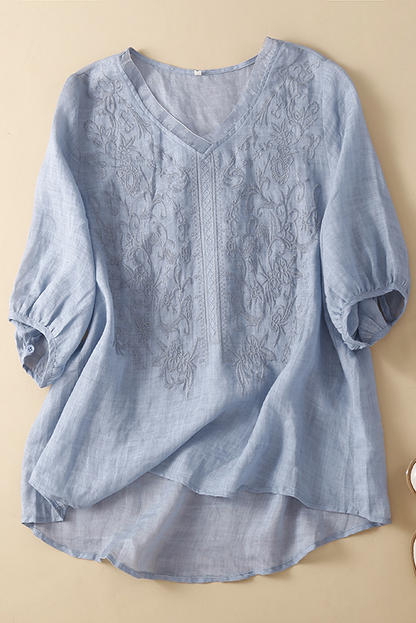 Summer Short Sleeve Shirt Embroidered Linen Tops