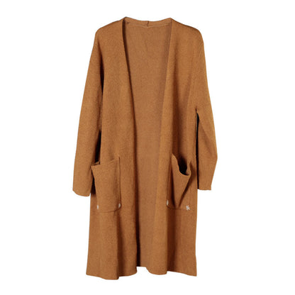 Brick Red Knit Pockets Embroideried Fall Cardigan Long Sleeve