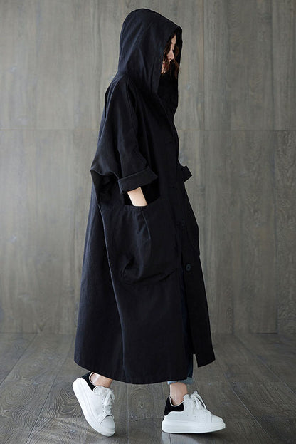 - Spring Loose Large Pocket Hooded Trench Coat
