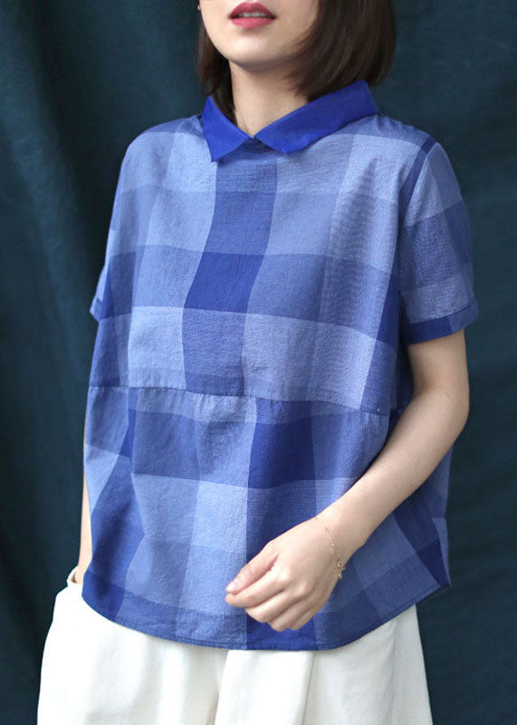 Blue Plaid Peter Pan Collar Patchwork Linen Shirt Tops Summer