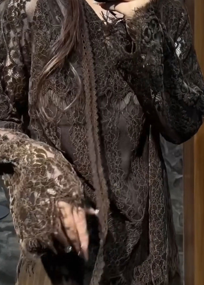 Fine Chocolate V Neck Hollow Out Lace Shirt Top Flare Sleeve