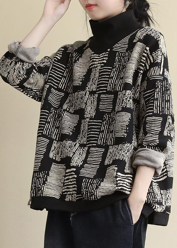 Black Turtleneck Print Patchwork Warm Fleece Tops Long Sleeve