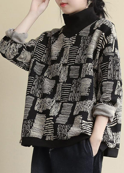 Black Turtleneck Print Patchwork Warm Fleece Tops Long Sleeve