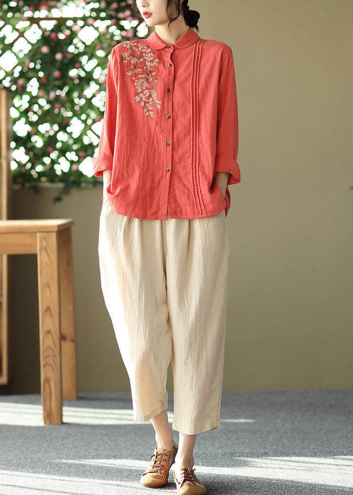 Red Slim Fit Cotton Shirt Top Embroidered Wrinkled Spring