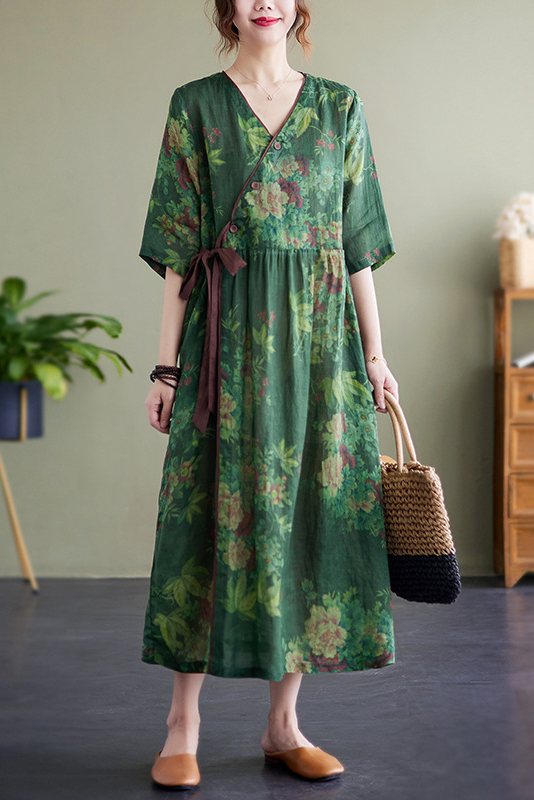 -new Green Dress Ramie Print Maxi Dress