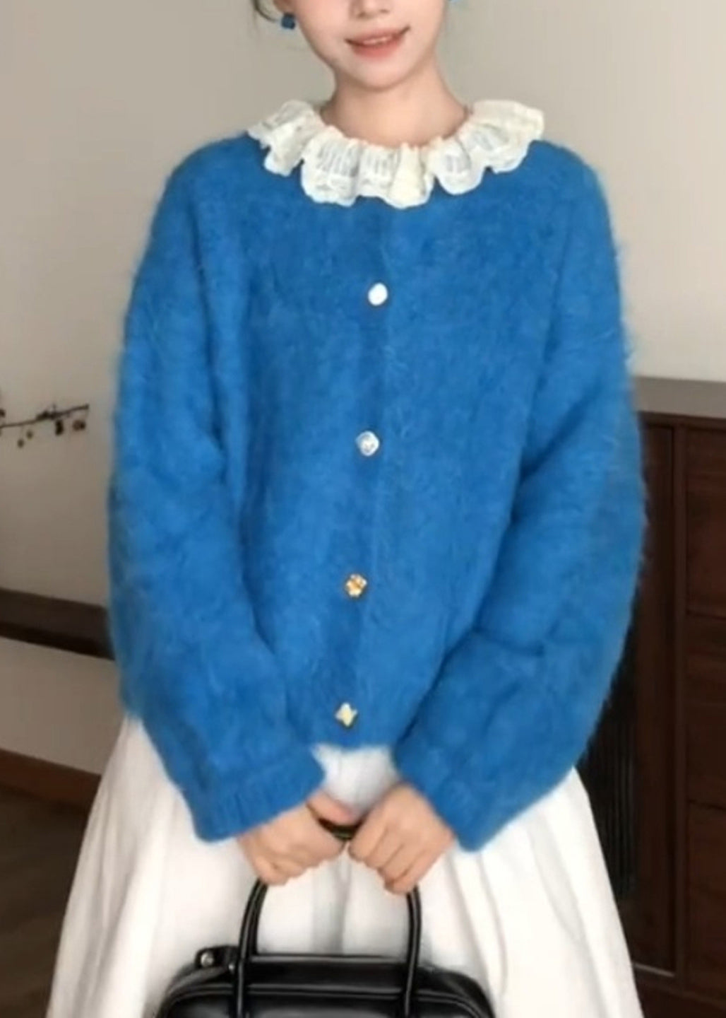 Style Blue O-neck Patchwork Button Ma Hai Mao Cotton Knit Cardigans Fall