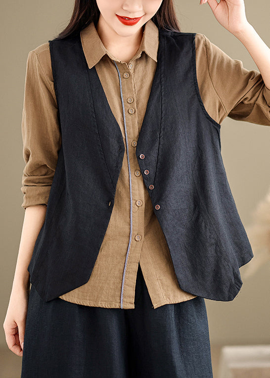 Khaki V Neck Button Cotton Vest Tops Sleeveless
