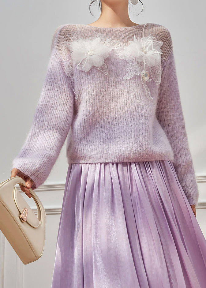 Italian Purple Hollow Out Patchwork Knit Sweater Spring