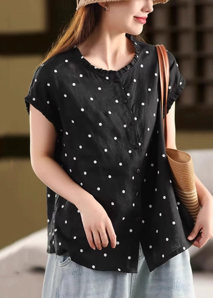 Coffee Ruffled Dot Linen Shirt Summer