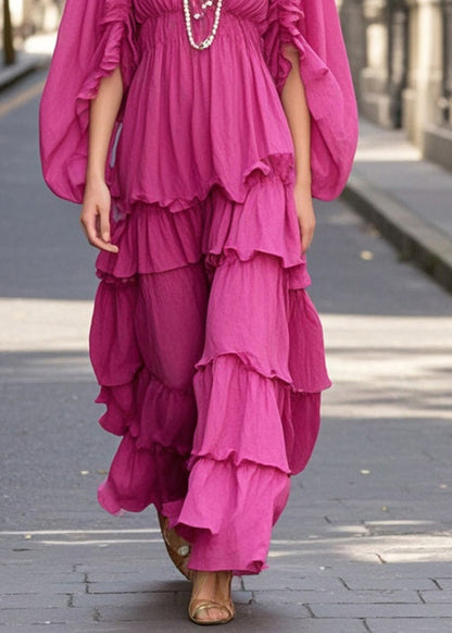Rose V Neck Layered Cotton Ankle Dress Batwing Sleeve