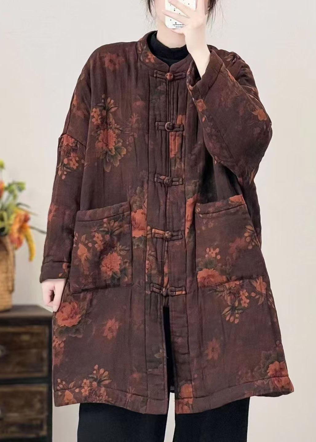 Black Pockets Print Oriental Button Fine Cotton Filled Coat Winter