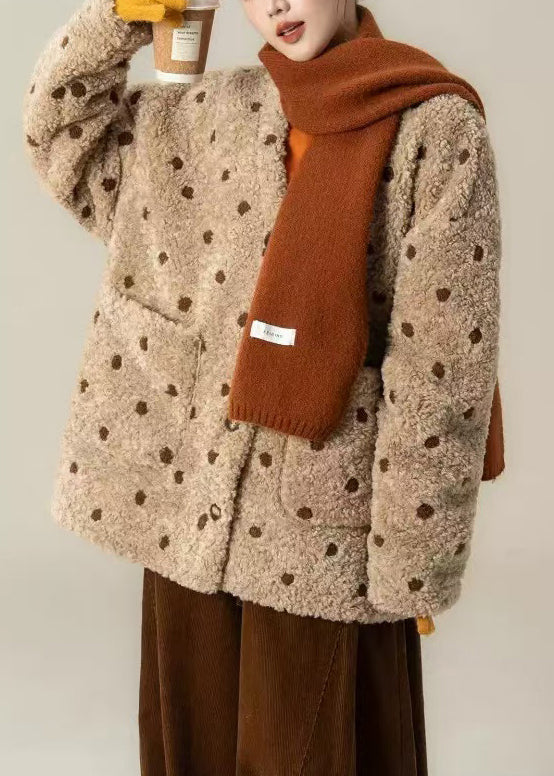 Khaki Oversized Jacquard Warm Faux Wool Jackets Winter
