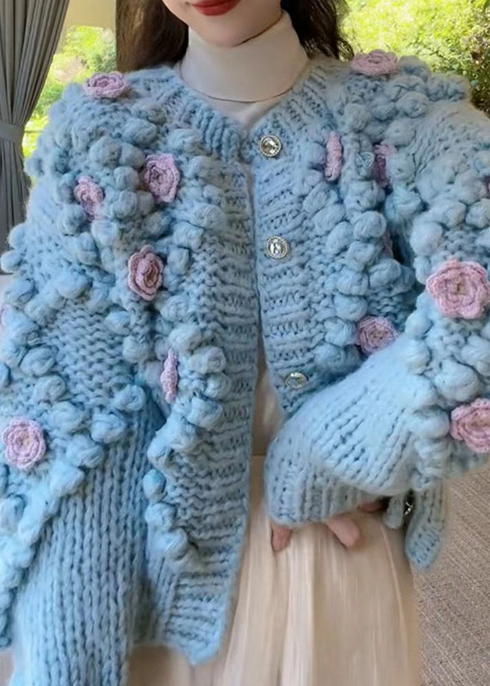 Blue O Neck Button Cozy Knit Coat Winter