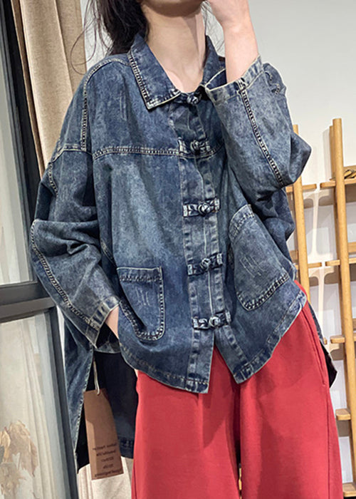 Black Peter Pan Collar Button Pockets Denim Coats Long Sleeve