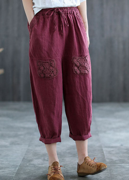 Mulberry Hollow Out Lace Patchwork Linen Harem Pants Fall