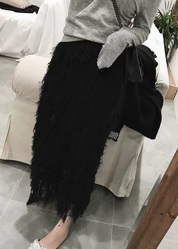 Black Feather Knit Fall Skirts High Waist