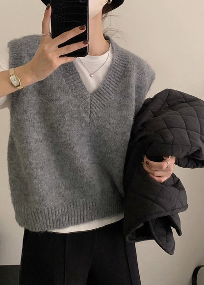 Grey V Neck Cozy Knit Vest Tops Sleeveless