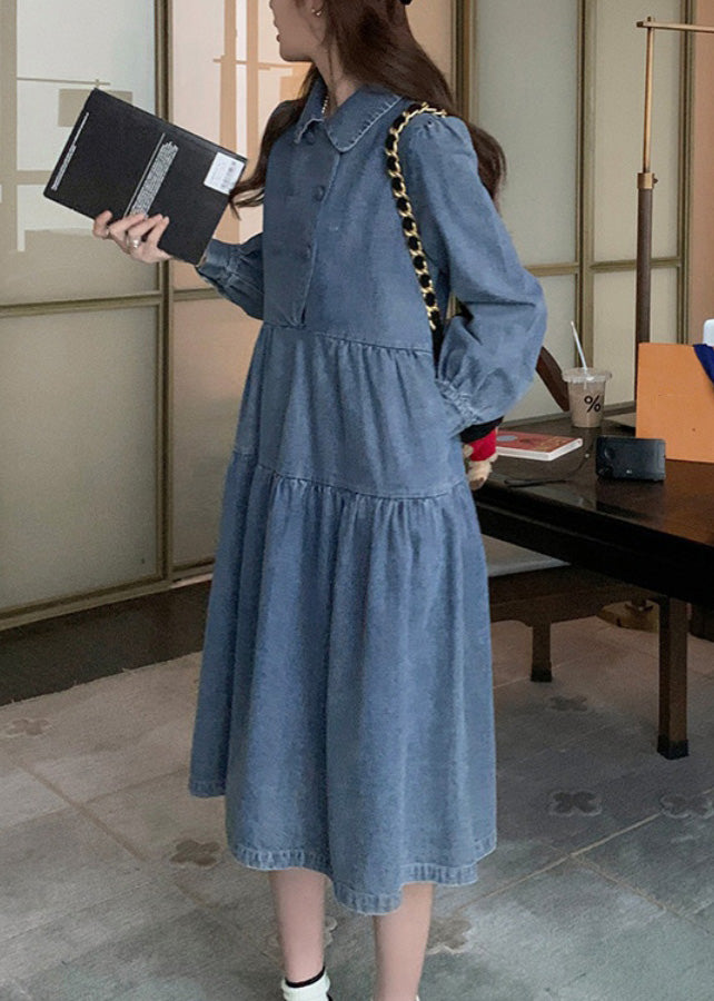 Denim Blue Wrinkled Patchwork Long Dress Spring