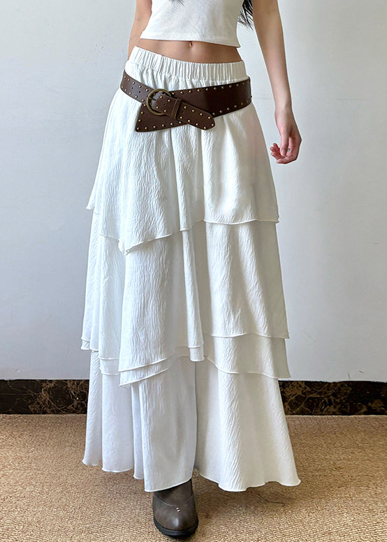 White Layered Elastic Waist Cotton Skirts Summer