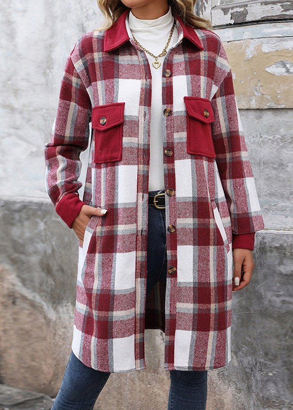 Coffee Peter Pan Collar Pockets Plaid Woolen Shirts Coat Winter