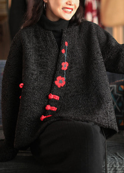 Chinese Style Black Button Embroidered Faux Fur Coats Long Sleeve