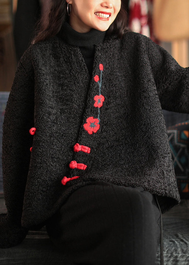 Chinese Style Black Button Embroidered Faux Fur Coats Long Sleeve