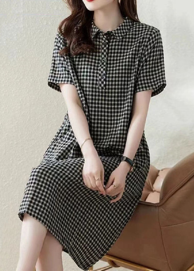 Grey Peter Pan Collar Plaid Linen Vacation Dress Summer