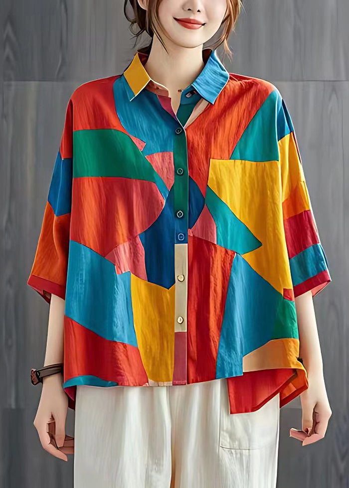 Colorblock Oversized Patchwork Linen Tops Summer