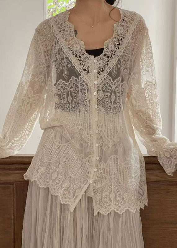 Apricot V Neck Button Lace Shirt Butterfly Sleeve