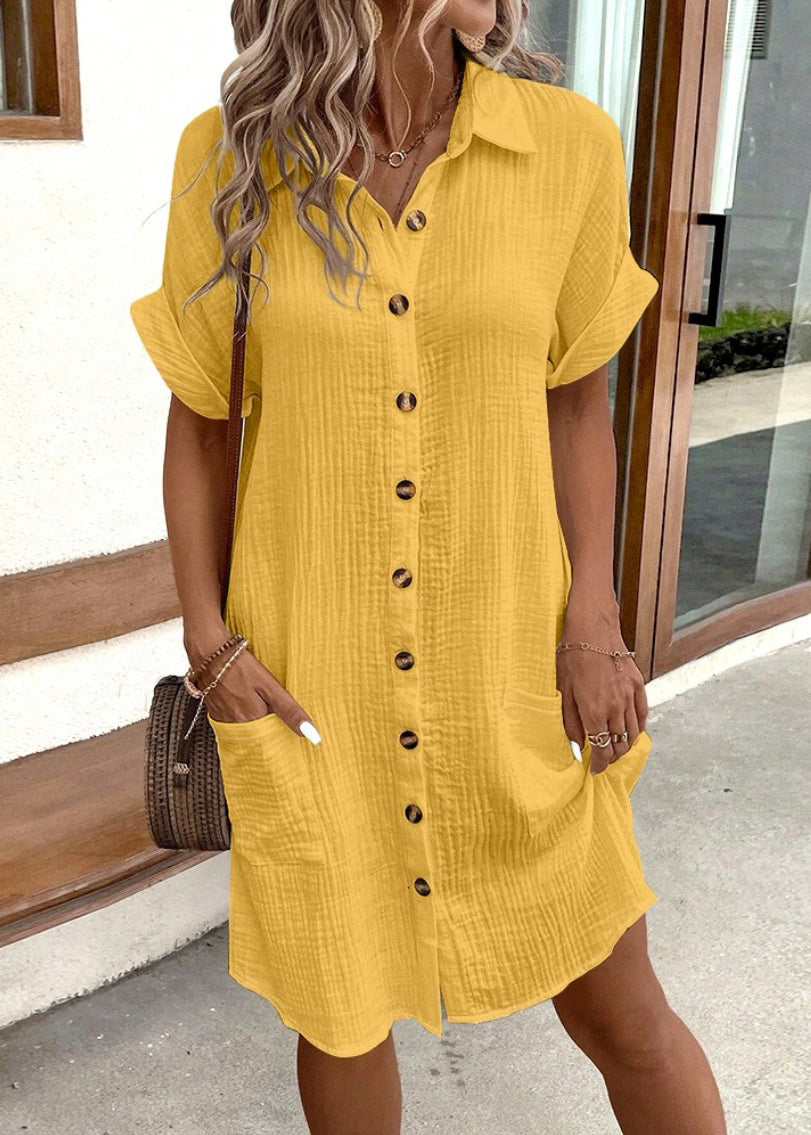 Yellow Button Cotton Dress Peter Pan Collar Short Sleeve