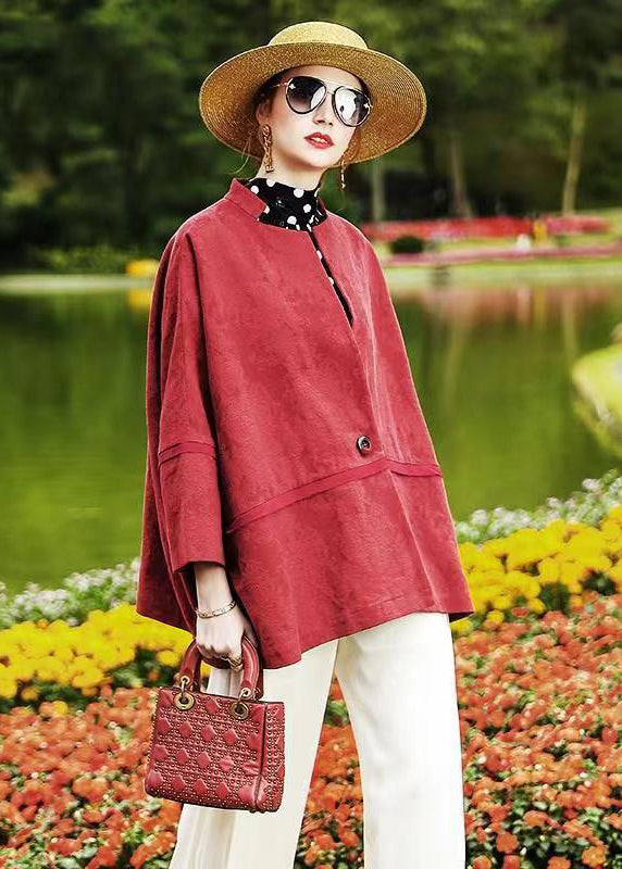 Red Batwing Sleeve Patchwork Cotton Cardigan Coat Fall