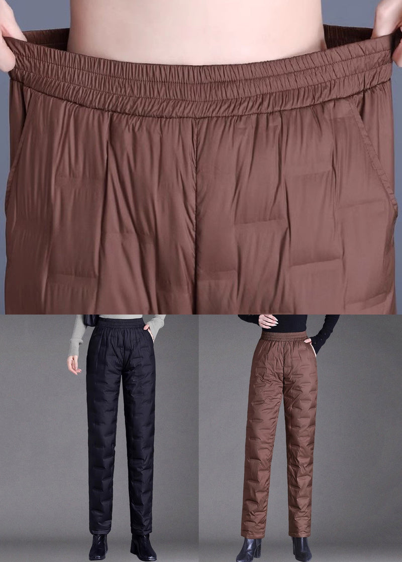 Black Elastic Waist Thick Duck Down Filled Straight Pants Plaid