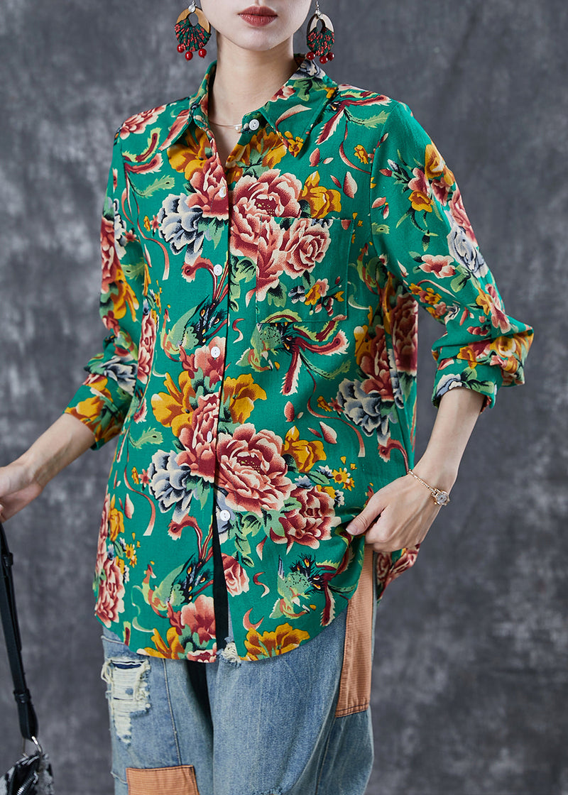 Style Green Print Cotton Shirt Oversized Spring