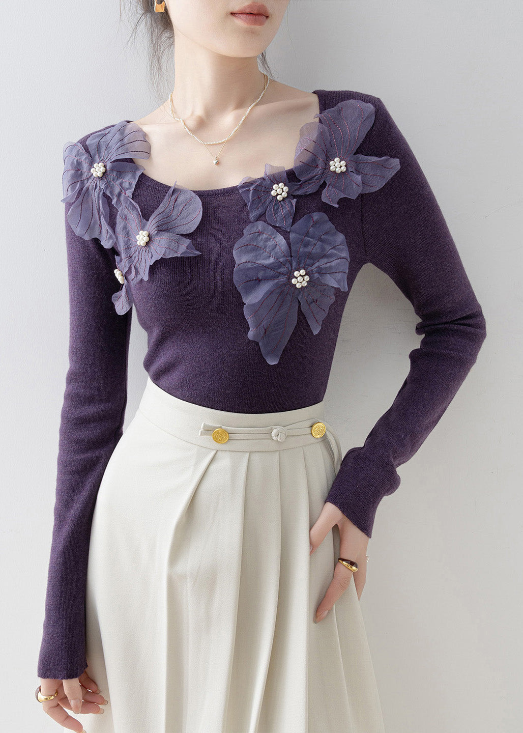 Slim Fit Purple O Neck Nail Bead Knit Top Spring
