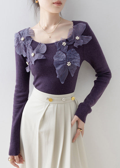 Slim Fit Purple O Neck Nail Bead Knit Top Spring