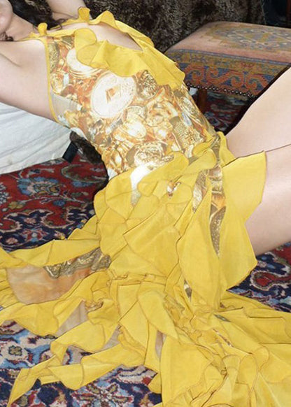 Yellow Lace Up Ruffled Print Cotton Dress Sleeveless