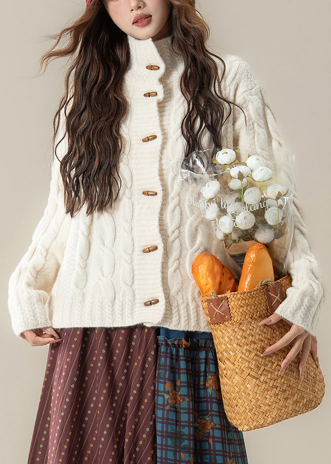 White Stand Collar Button Cable Knit Coats Winter